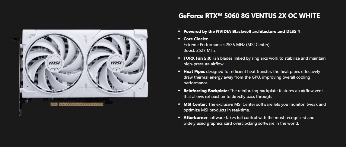MSI GeForce RTX 5060 VENTUS 2X 8G OC WHITE Graphics Card Price in Pakistan - PPG Limited Offer